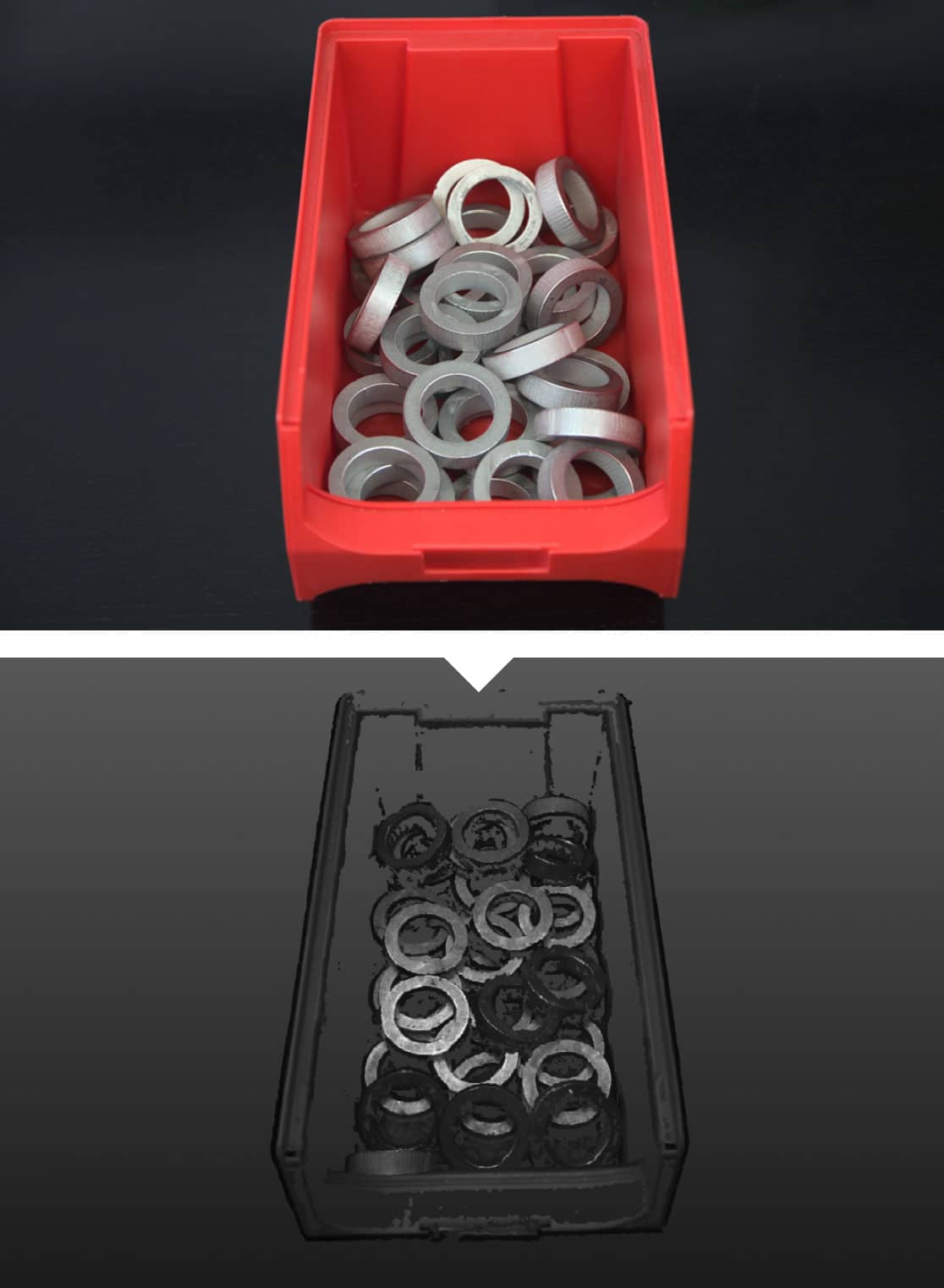 Rote Kiste mit Metallringen im oberen Teil, im unteren Teil 3D-Punktwolke der Ringe mit LumiScanX