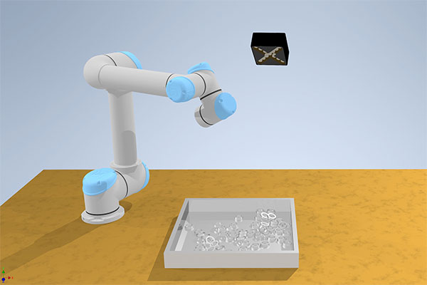 Animierte Szene mit LumiScanX als Sensor über einer Bin Picking Applikation
